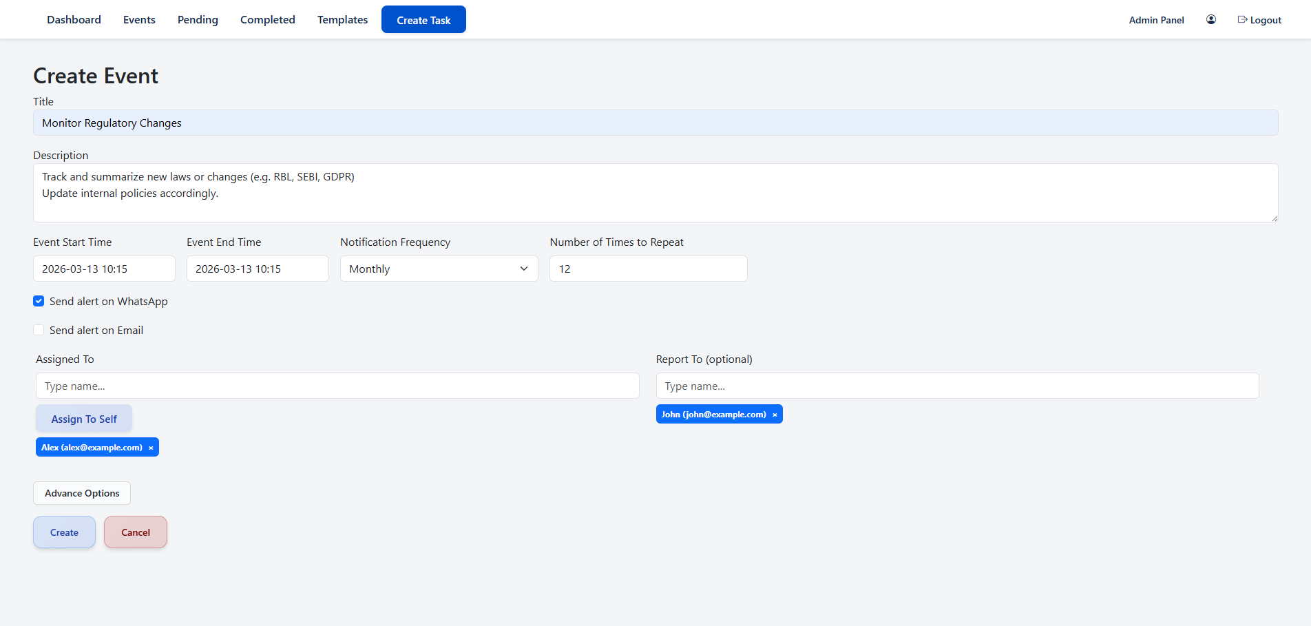 Corporate team task checking and compliance dashboard