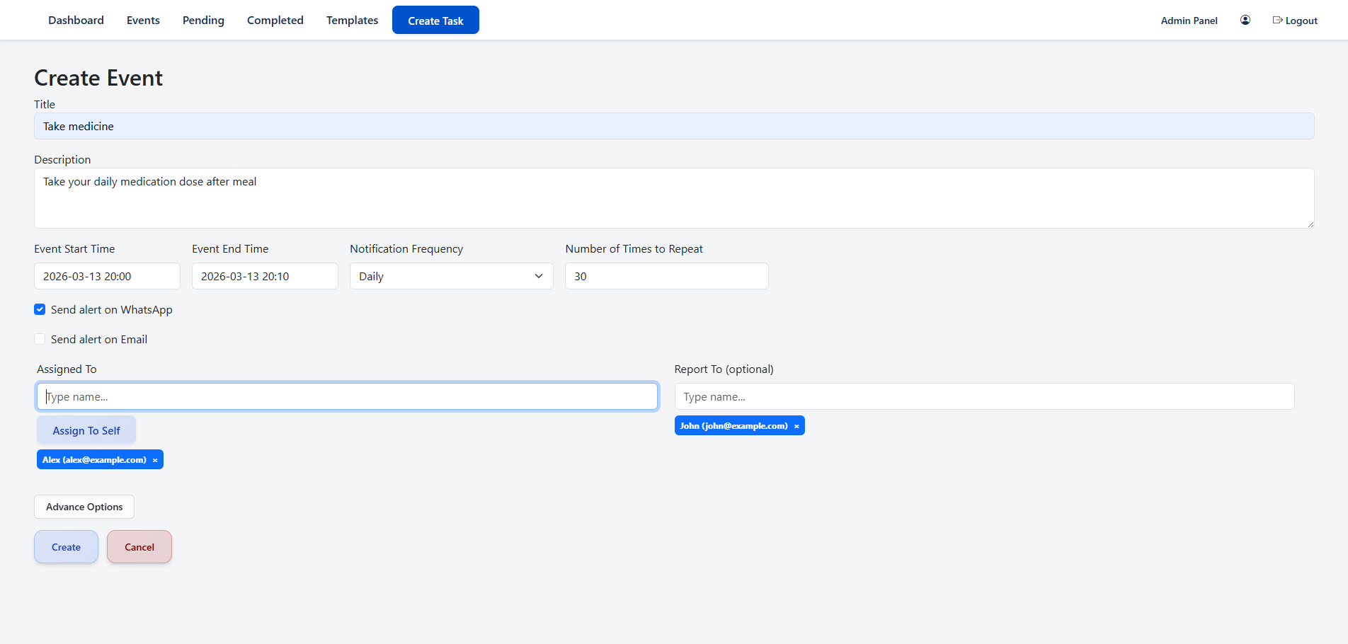 Elderly care and medication reminders via WhatsApp timeline